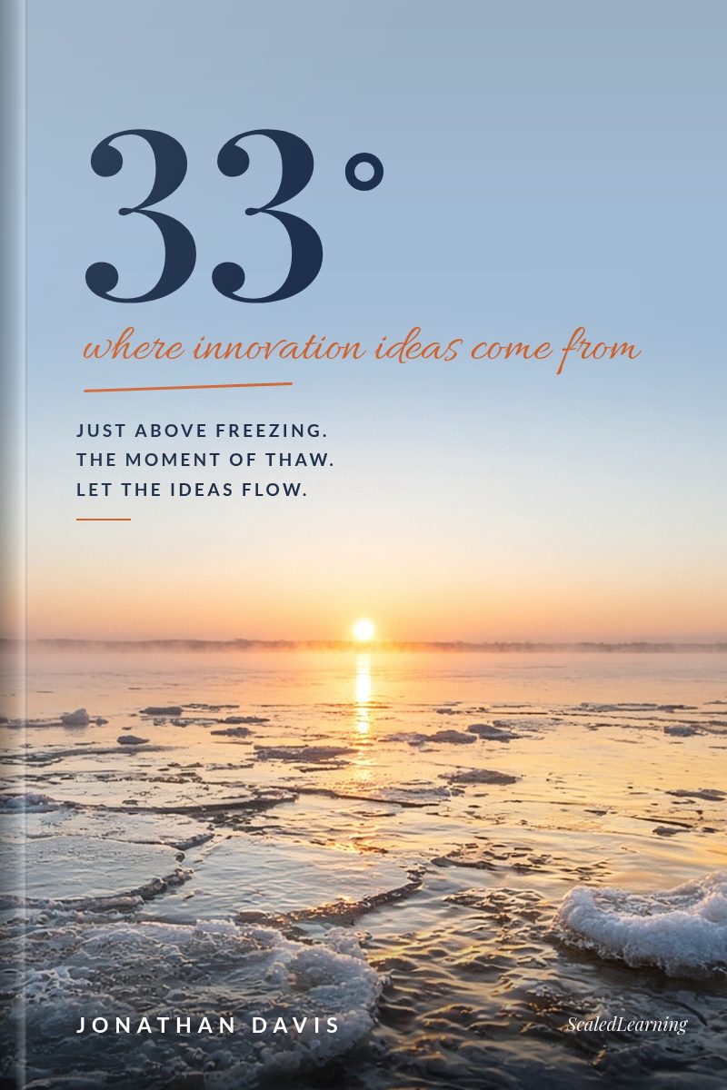 Cover of 33° by Jonathan Davis: an illustrated scene with an elegant serif title and the tagline Just above freezing. The moment of thaw. Let the ideas flow.