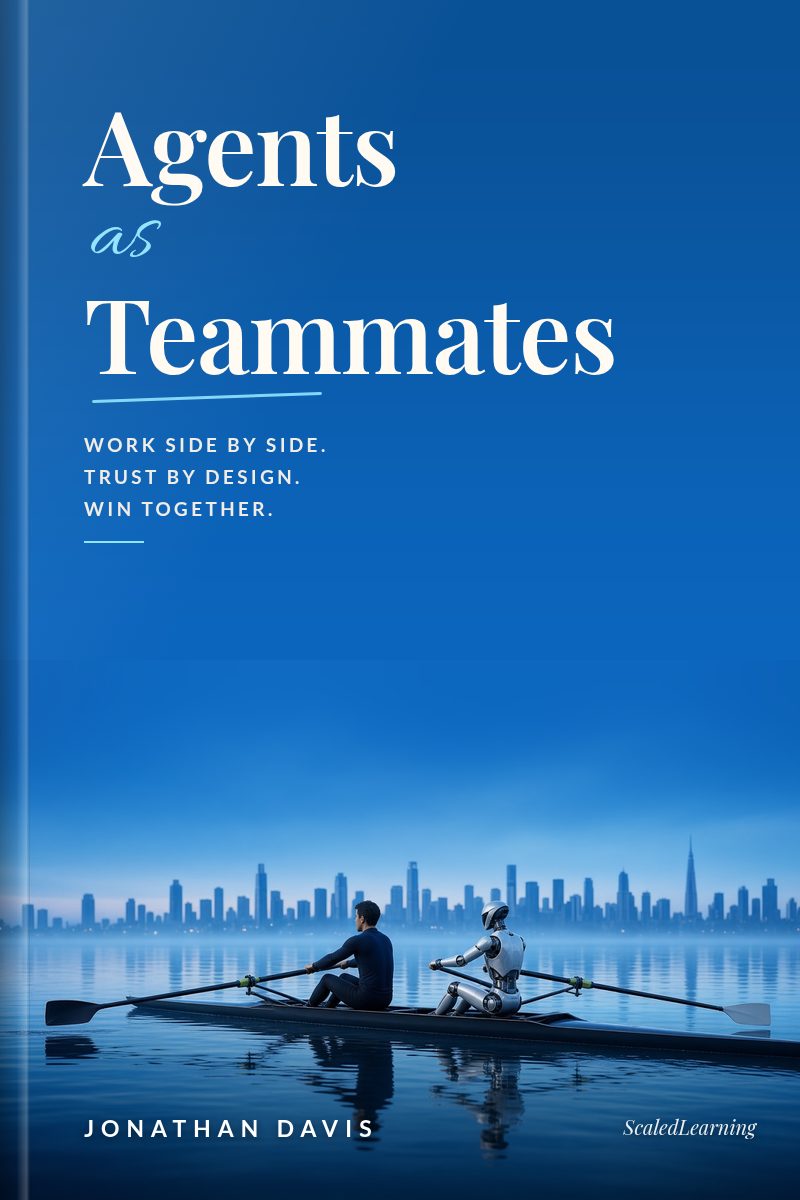 Cover of Agents as Teammates by Jonathan Davis: an illustrated scene with an elegant serif title and the tagline Work side by side. Trust by design. Win together.