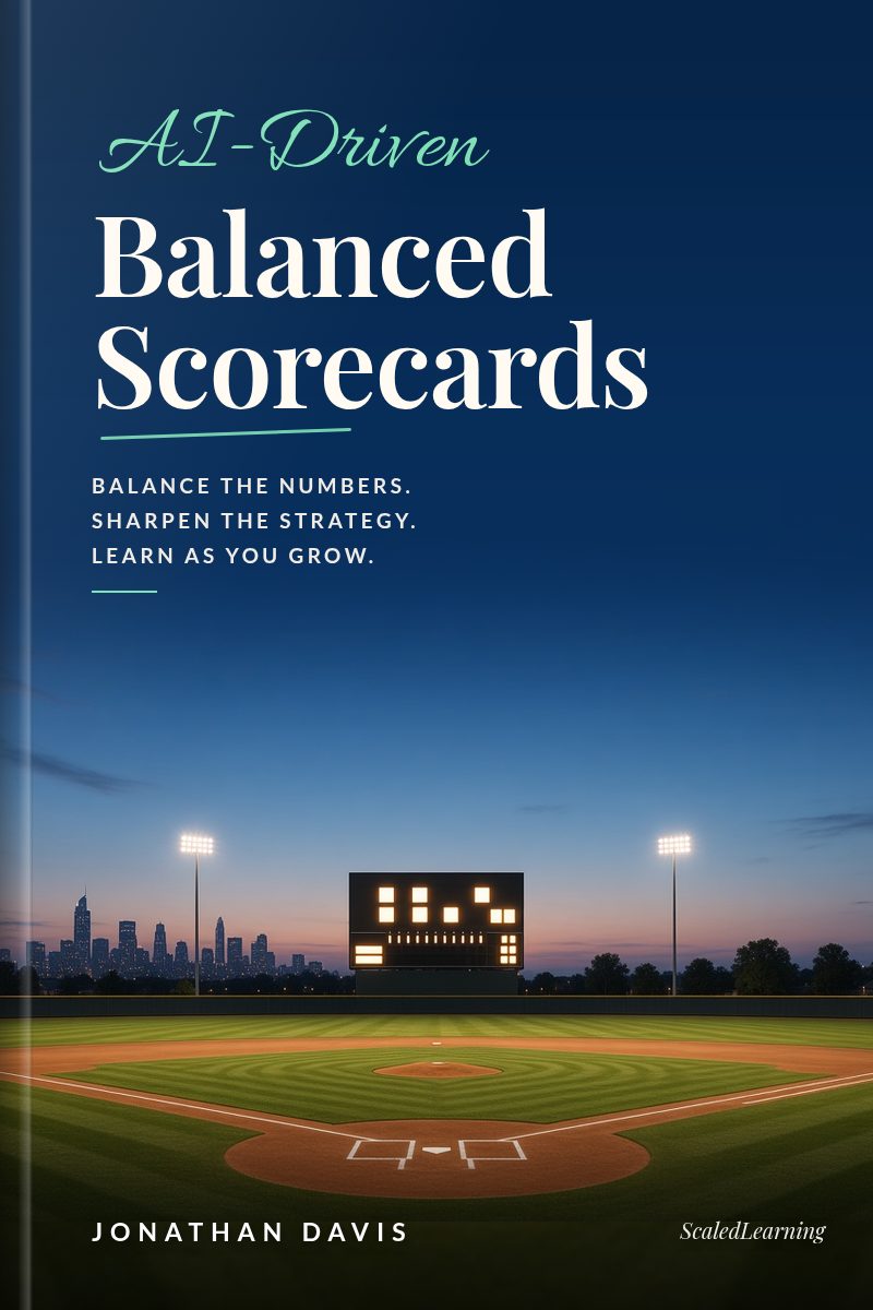 Cover of AI-Driven Balanced Scorecards by Jonathan Davis: a ballpark at dusk with a glowing scoreboard above the infield under a deep-blue sky, with an elegant serif title and the tagline Balance the numbers. Sharpen the strategy. Learn as you grow.