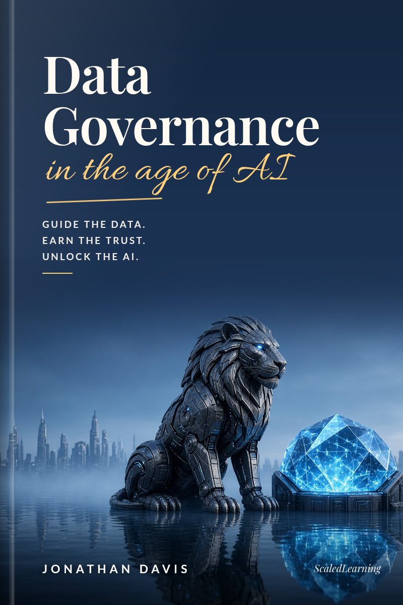 Cover of Data Governance in the Age of AI by Jonathan Davis: an illustrated scene with an elegant serif title and the tagline Guide the data. Earn the trust. Unlock the AI.