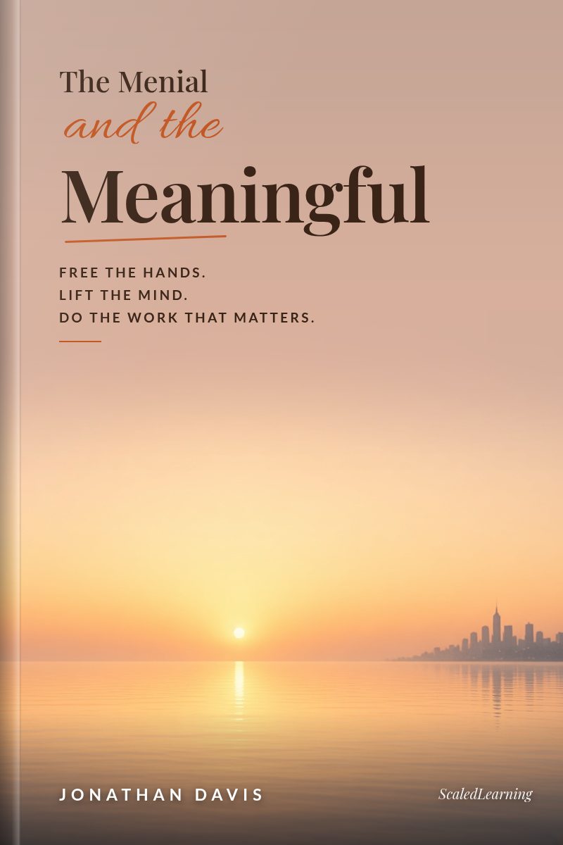 Cover of The Menial and the Meaningful by Jonathan Davis: an illustrated scene with an elegant serif title and the tagline Free the hands. Lift the mind. Do the work that matters.