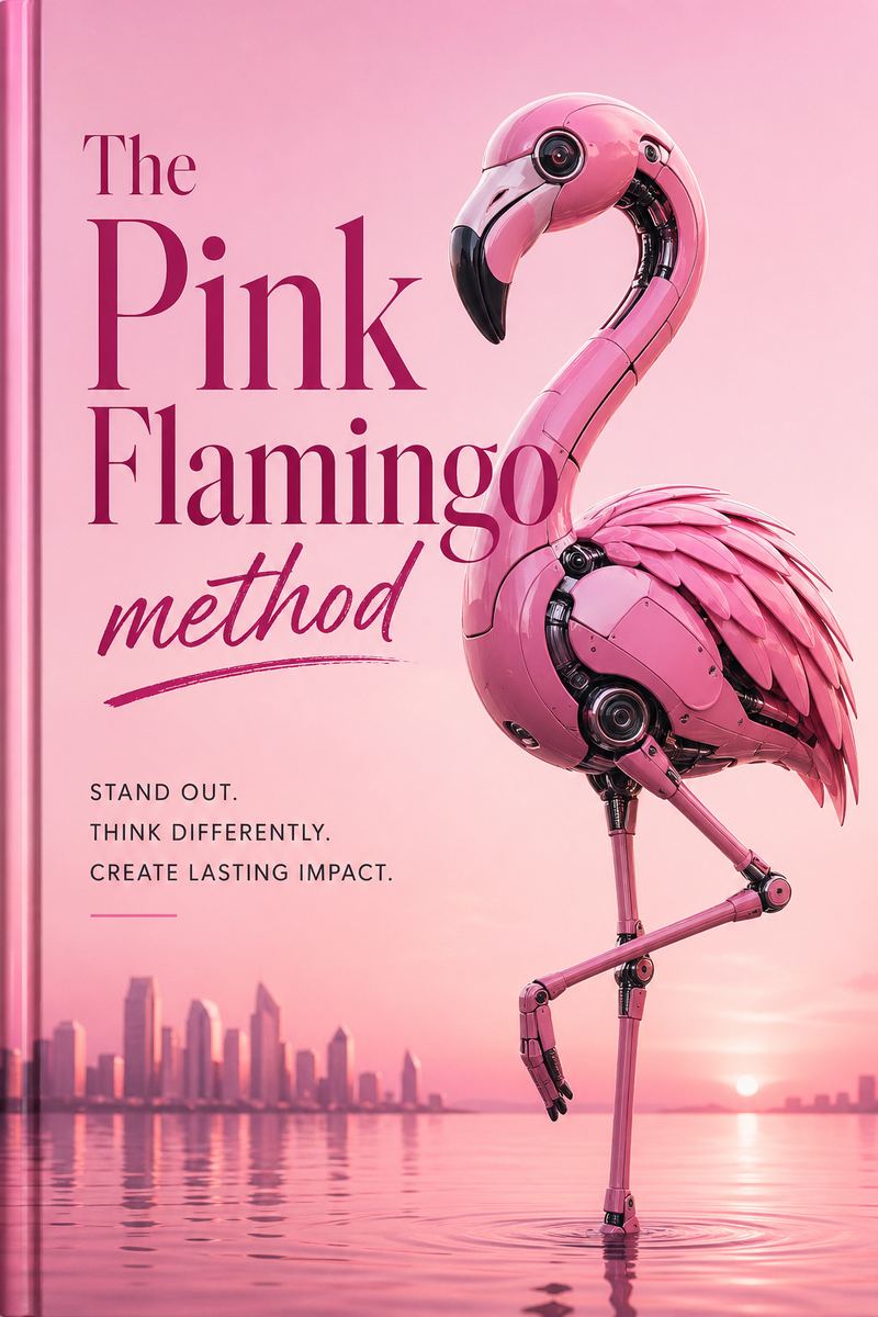 Cover of The Pink Flamingo Method by Jonathan Davis: a glossy pink robotic flamingo standing on one leg in calm water in front of a soft pink city skyline at sunset, with an elegant serif title, the word method in script, and the tagline Stand out. Think differently. Create lasting impact.